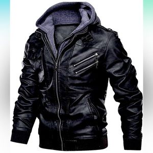 HOOD CREW Giacca Moto In Ecopelle Uomo Con Cappuccio Rimovibile - Bomber Impermeabile E Antivento